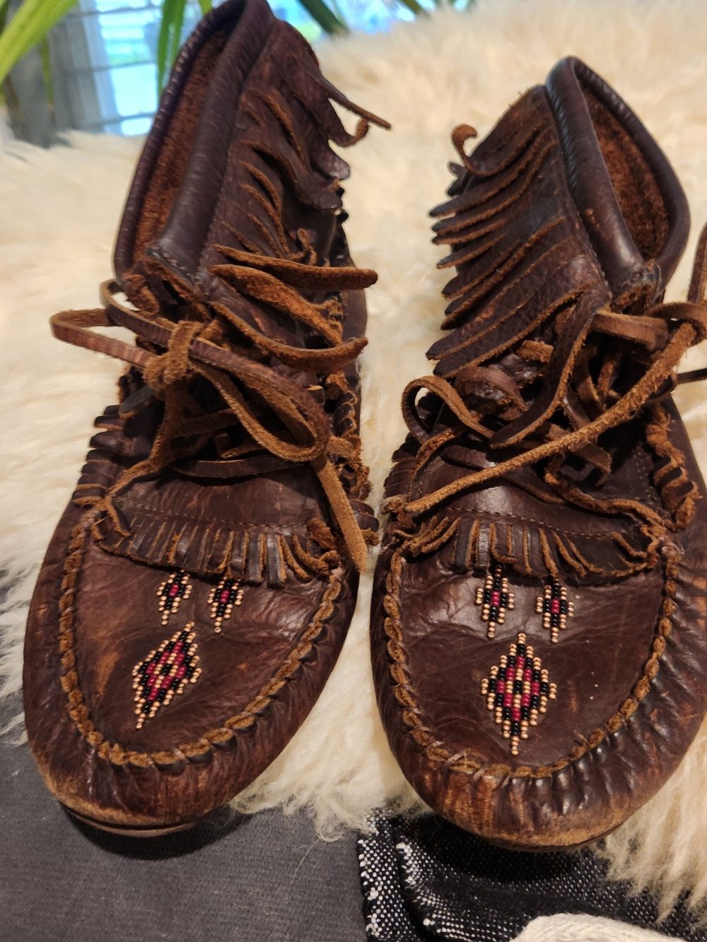 Women's Brown Leather Fringe Moccasins with Beaded Detail